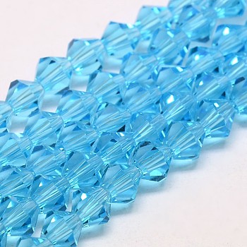 Imitate Austrian Crystal Bicone Glass Beads Strands, Grade AA, Faceted, Deep Sky Blue, 6x6mm, Hole: 1mm, about 46~48pcs/strand, 10.5 inch