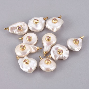 Natural Cultured Freshwater Pearl Pendants, with Brass Micro Pave Cubic Zirconia Cabochons, Long-Lasting Plated, Real 18K Gold Plated, Pink, 16~22.5x10~14mm, Hole: 1.4mm
