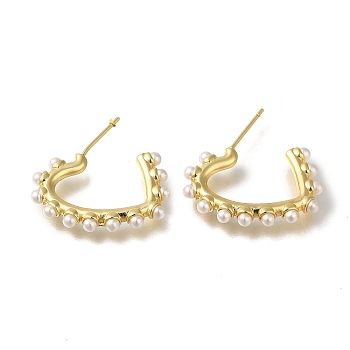 Rack Plating Brass Stud Earrings, with ABS Plastic Imitation Pearl, Long-Lasting Plated, Cadmium Free & Lead Free, Heart, Real 18K Gold Plated, 25x3mm