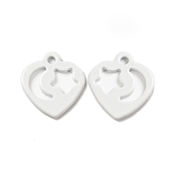 Spray Painted 201 Stainless Steel Charms, Heart with Star & Moon Pattern, White, 12x11.5x1mm, Hole: 1.4mm