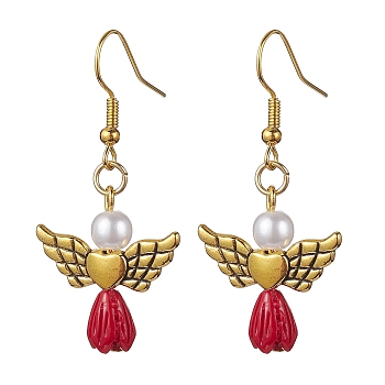 Angel Antique Golden Alloy & Resin Dangle Earrings, Imitation Pearl Acrylic Drop Earrings, FireBrick, 45x21.5mm
