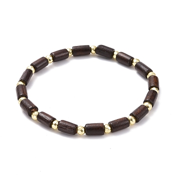 Natural Wood Tube Beads Stretch Bracelet, Non-magnetic Synthetic Hematite Round Beads Stone Bracelet for Men Women, Golden, Coconut Brown, Inner Diameter: 2-1/4 inch(5.8cm)