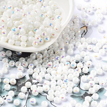 Glass Seed Beads, Half Plated, Opaque Colours Rainbow, Round Hole, Round, White, 4x3mm, Hole: 1.2mm, 7500pcs/pound