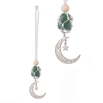 Moon 201 Stainless Steel Pendant Decorations, Wood Beads and Natural Green Aventurine Nuggets Beads Nylon Thread Hanging Ornament, 165~171mm