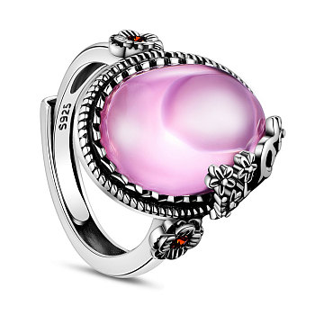 SHEGRACE Adjustable 925 Sterling Silver Finger Ring, with Pink Cubic Zirconia, Flower, Size 9, Pink, 19mm