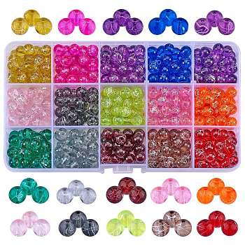 450Pcs 15 Colors Drawbench Transparent Glass Beads Strands, Spray Painted, Round, Mixed Color, 8mm, Hole: 1.3~1.6mm, 30pcs/color