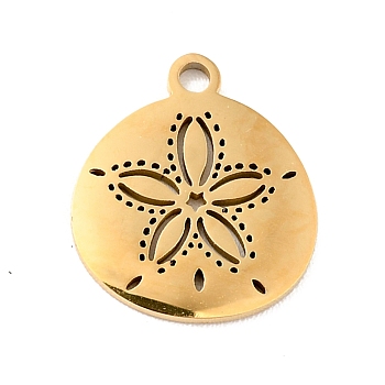 201 Stainless Steel Pendants, Flat Round with Flower, Golden, 13.5x12x1mm, Hole: 1.4mm