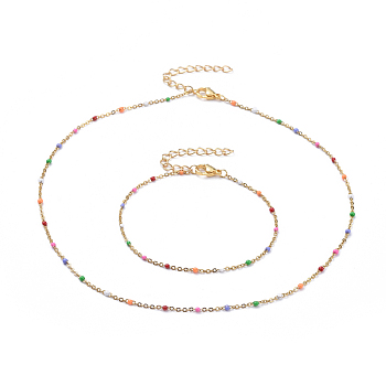304 Stainless Steel Cable Chain Bracelets & Necklaces Sets, with Enamel, Iron Chain Extender and 304 Stainless Steel Steel Lobster Claw Clasps, Colorful, Golden, 7-5/8 inch(19.5cm), 16.14 inch(41cm)
