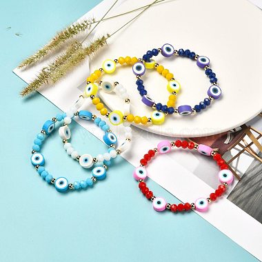 NBEADS Evil Eye Handmade Polymer Clay Beads Stretch Bracelet for Girl Women, Glass & Brass Bracelet, Mixed Color, Inner Diameter: 2 inch