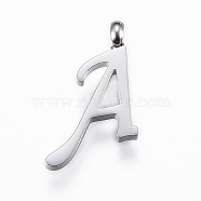 304 Stainless Steel Pendants, Initial Letter, Letter.A, Stainless Steel Color, 16x11x2mm, Hole: 2mm(STAS-F129-A-P)