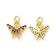 Brass Micro Pave Colorful Cubic Zirconia Charms, with Jump Ring, Butterfly Charm, Real 18K Gold Plated, 11.5x12x1.5mm, Hole: 3.2mm(KK-E068-VF093)