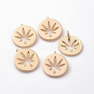 Brass Charms, Flat Round with Hemp Leaf, Nickel Free, Real 18K Gold Plated, 12x10.5x1mm, Hole: 1mm(X-KK-T020-110G)