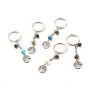 Natural Gemstone Beads Keychain, with Tibetan Style Alloy Pendants, Iron Split Key Rings, Flat Round with Tree of Life, 7.6cm(KEYC-JKC00306)