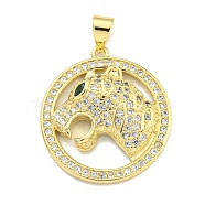 Brass Micro Pave Cubic Zirconia Pendants, Ring with Leopard Charms, Real 18K Gold Plated, 24x22x4.5mm, Hole: 4x3mm(KK-K354-08I-G)