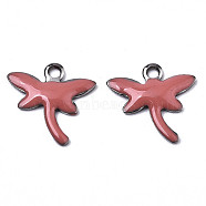 201 Stainless Steel Enamel Charms, Dragonfly, Stainless Steel Color, Indian Red, 11.5x12x1.5mm, Hole: 1.2mm(STAS-N088-19J)