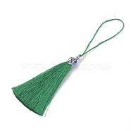 Nylon Tassel Big Pendant Decorations, with Enamel and Alloy Findings, Platinum, Teal, 80~84x10.5~11mm(X-AJEW-N024-20)