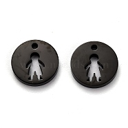 304 Stainless Steel Charms, Flat Round with Hollow Boy, Electrophoresis Black, 12x1.4mm, Hole: 2mm(STAS-F261-04EB)