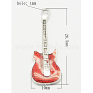 Brass Enamel Pendants, Lead Free & Nickel Free, Guitar, Platinum Color, Red, Size: about 28.5mm long, 10mm wide, 2mm thick, hole: 1mm(X-KK-Q219-1-FF)