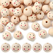 Natural Wood Beads, Large Hole Beads, Round with Smile Face, PapayaWhip, 24~25x23.5mm, Hole: 5.5mm(X-WOOD-T019-13A)