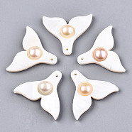 Natural Freshwater Shell Pendants, with Shell Pearl, Fishtail, Creamy White, 23x28x5~6mm, Hole: 1.2mm(SHEL-N026-132)