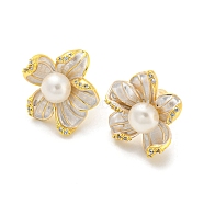 Cubic Zirconia Flower Stud Earrings with Natural Pearl, Brass Earrings with 925 Sterling Silver Pins, Real 18K Gold Plated, 16x14.5mm(EJEW-Z020-05G)