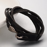 Casual Style Unisex Retro Leather Bracelets, with Alloy Snap Lock Clasps, Platinum, Black, 620~630x9x2mm(BJEW-F087-04)