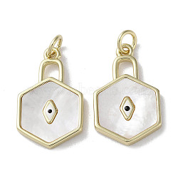 Brass Micro Pave Cubic Zirconia Pendants, with Shell, Lock with Eye Pattern, Real 18K Gold Plated, 21.5x13x2mm, Hole: 3mm(KK-G485-33C-G)