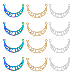 12Pcs 3 Colors Ion Plating(IP) 304 Stainless Steel Pendants, Moon Phase Charm, Mixed Color, 30x20x1.5mm, Hole: 1.8mm, 4pcs/color(STAS-FH0002-04)
