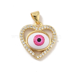 Brass Micro Pave Cubic Zirconia Pendants, with Acrylic, Cadmium Free & Lead Free, Long-Lasting Plated, Heart with Evil Eye, Real 18K Gold Plated, Deep Pink, 17.5x17x5mm, Hole: 4x3.5mm(KK-B059-43G-C)