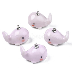 Handmade Porcelain Pendants, with Platinum Plated Brass Findings, Famille Rose Style, Whale, Pink, 25~28x16~17x18~19mm, Hole: 1.6mm(PORC-N004-150E)
