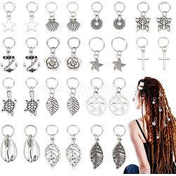 Nbeads Hair Braid Rings Set, Hair Jewelry Rings, Include Alloy Pendants & Jump Rings, for Hair Styling, Leaf & Star & Butterfly, Antique Silver, 2.3~4.1cm, 28pcs/box(KEYC-NB0001-41)