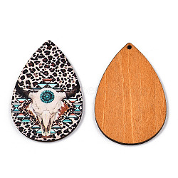 Single Face Printed Basswood Big Pendants, Teardrop Charm with Sheep Skull and Leopard Print Pattern, Floral White, 60x40x3mm, Hole: 2mm(WOOD-TAC0021-09)