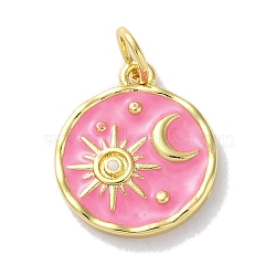 Rack Plated Brass Enamel Pendants, with Jump Ring, Long-Lasting Plated, Lead Free & Cadmium Free, Real 18K Gold Plated, Flat Round with Sun & Moon Charm, Hot Pink, 15x13x2mm, Hole: 3.4mm(KK-Z039-02C)