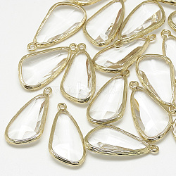 Glass Pendants, with Golden Tone Brass Findings, Faceted, Triangle, Clear, 29x14.5x5.5mm, Hole: 1.5mm(GLAA-Q068-02)