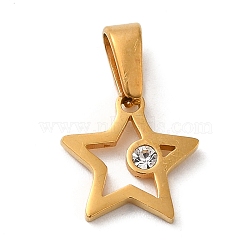Vacuum Plating 304 Stainless Steel Pendants, with Rhinestone, Long-Lasting Plated, Star Charm, Golden, 10.5x10.5x2mm, Hole: 5x2.5mm(STAS-M322-07G)