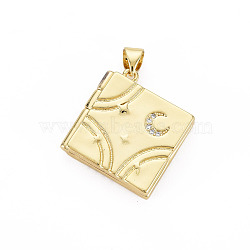 Brass Micro Pave Clear Cubic Zirconia Diffuser Locket Pendants, Nickel Free, Book, Real 18K Gold Plated, 20.5x19.5x5mm, Hole: 3.5x4mm(ZIRC-T004-96G-NF)