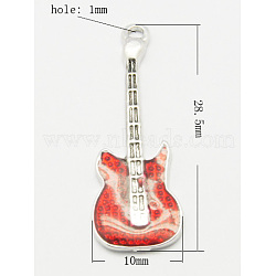 Brass Enamel Pendants, Lead Free & Nickel Free, Guitar, Platinum Color, Red, Size: about 28.5mm long, 10mm wide, 2mm thick, hole: 1mm(X-KK-Q219-1-FF)