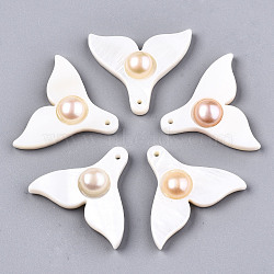 Natural Freshwater Shell Pendants, with Shell Pearl, Fishtail, Creamy White, 23x28x5~6mm, Hole: 1.2mm(SHEL-N026-132)