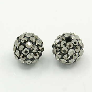 Polymer Clay Rhinestone Beads, Grade A, Round Pave Disco Ball Beads, Jet Hematite, PP12(1.8~1.9mm), 10mm, Hole: 1.5mm