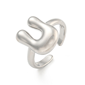 Brass Letter Open Cuff Rings for Women, Adjustable, Platinum, Letter U, 15~16.5x7~16.5mm