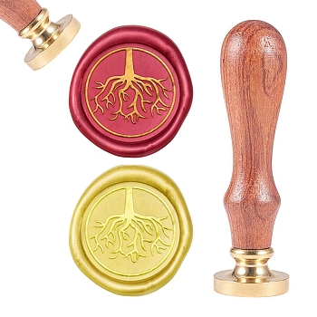 Brass Wax Seal Stamp, with Natural Rosewood Handle, for DIY Scrapbooking, Golden, Tree Root Pattern, Stamp: 25mm, Handle: 79.5x21.5mm