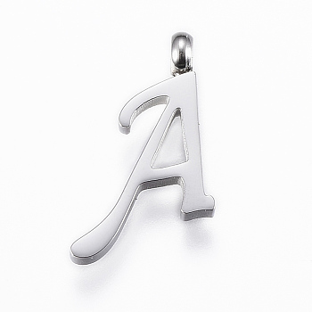 304 Stainless Steel Pendants, Initial Letter, Letter.A, Stainless Steel Color, 16x11x2mm, Hole: 2mm