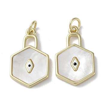 Brass Micro Pave Cubic Zirconia Pendants, with Shell, Lock with Eye Pattern, Real 18K Gold Plated, 21.5x13x2mm, Hole: 3mm