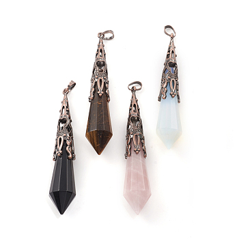 Natural & Synthetic Mixed Gemstone Big Pointed Pendants, with Brass Bead Cap Bails, Bullet, Red Copper, 68~75x15~16mm, Hole: 8x5mm