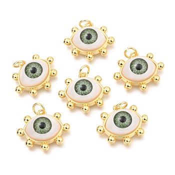 Brass Acrylic Pendants, Real 18K Gold Plated, Evil Eye, Olive Drab, 17x20x7mm, Hole: 3.4mm
