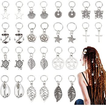 Nbeads Hair Braid Rings Set, Hair Jewelry Rings, Include Alloy Pendants & Jump Rings, for Hair Styling, Leaf & Star & Butterfly, Antique Silver, 2.3~4.1cm, 28pcs/box