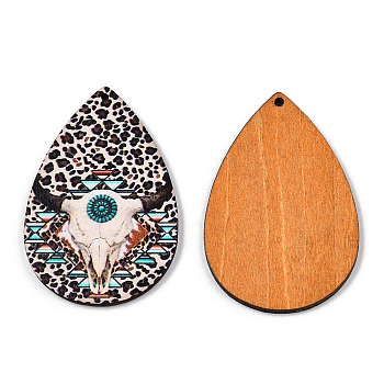 Single Face Printed Basswood Big Pendants, Teardrop Charm with Sheep Skull and Leopard Print Pattern, Floral White, 60x40x3mm, Hole: 2mm