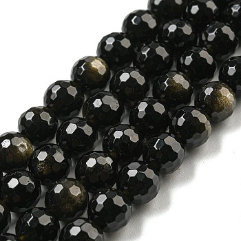 Natural Golden Sheen Obsidian Beads Strands, (128 Facets)Faceted, Round, 8mm, Hole: 1mm, about 45pcs/strand, 14.57 inch(37cm)