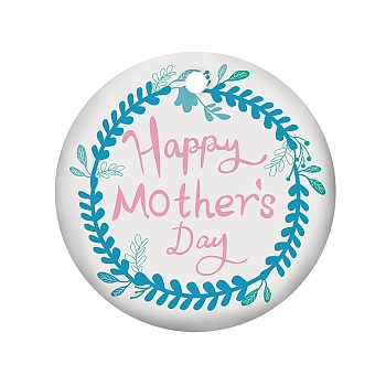 Handmade Porcelain Pendants, Flat Round Word Happy Mother's Day, Deep Sky Blue, 75x2mm