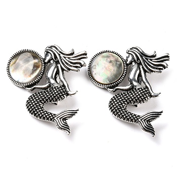 Dual-use Items Alloy Mermaid Brooch, with Natural Black Lip Shell, Antique Silver, Saddle Brown, 42x37x7mm, Hole: 8x3mm